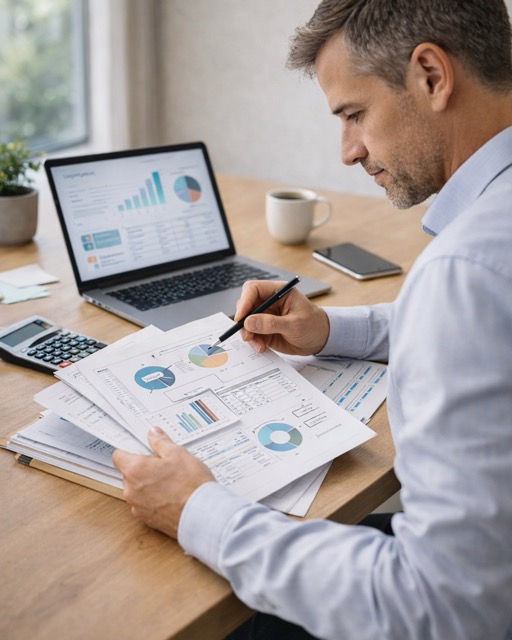 Empresário analisando relatórios com gráficos, com os papéis e caneta em sua mão e a tela do notebook aberta. 