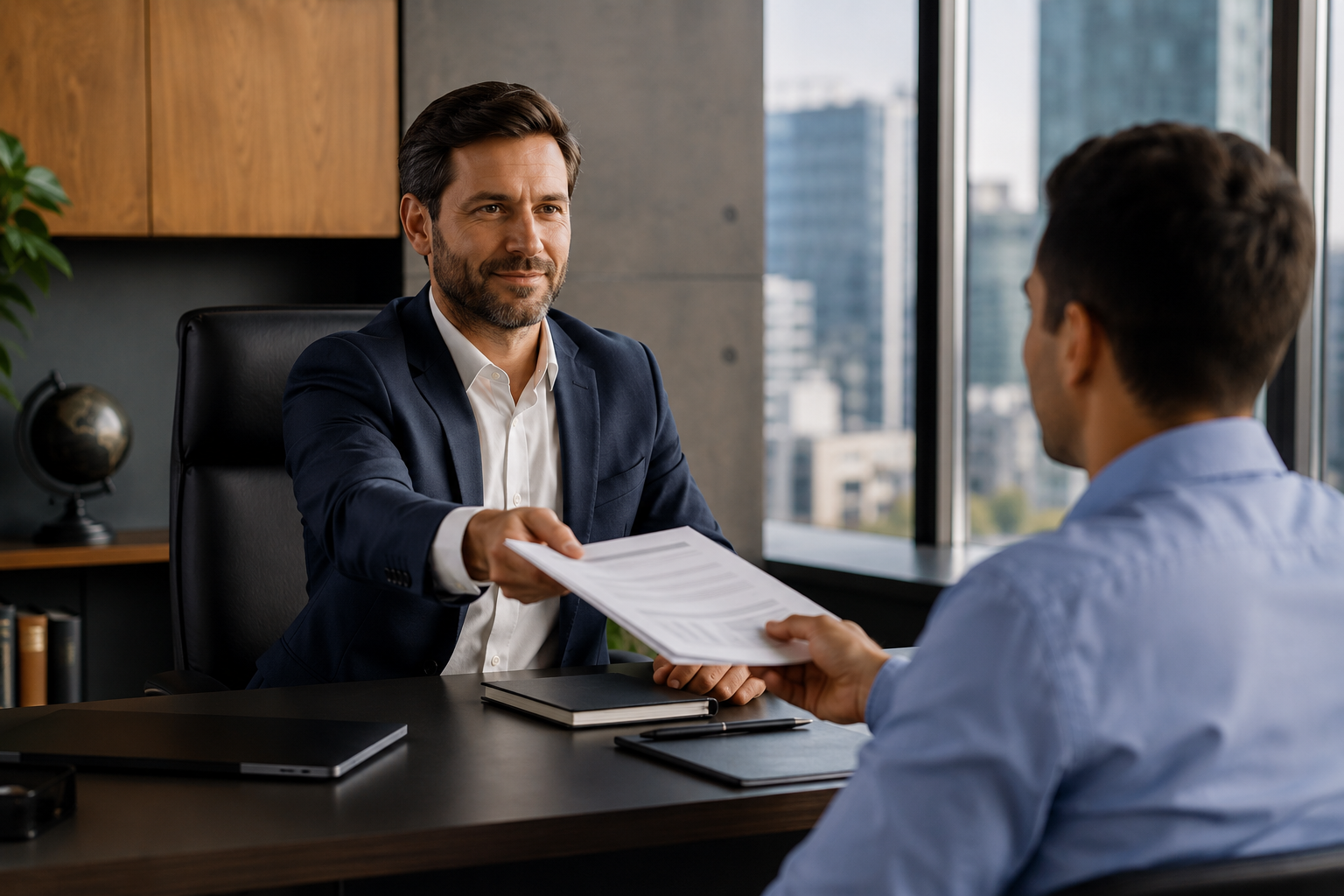 Empresário delegando responsabilidades a um colaborador como parte da organização empresarial e da definição de processos internos.