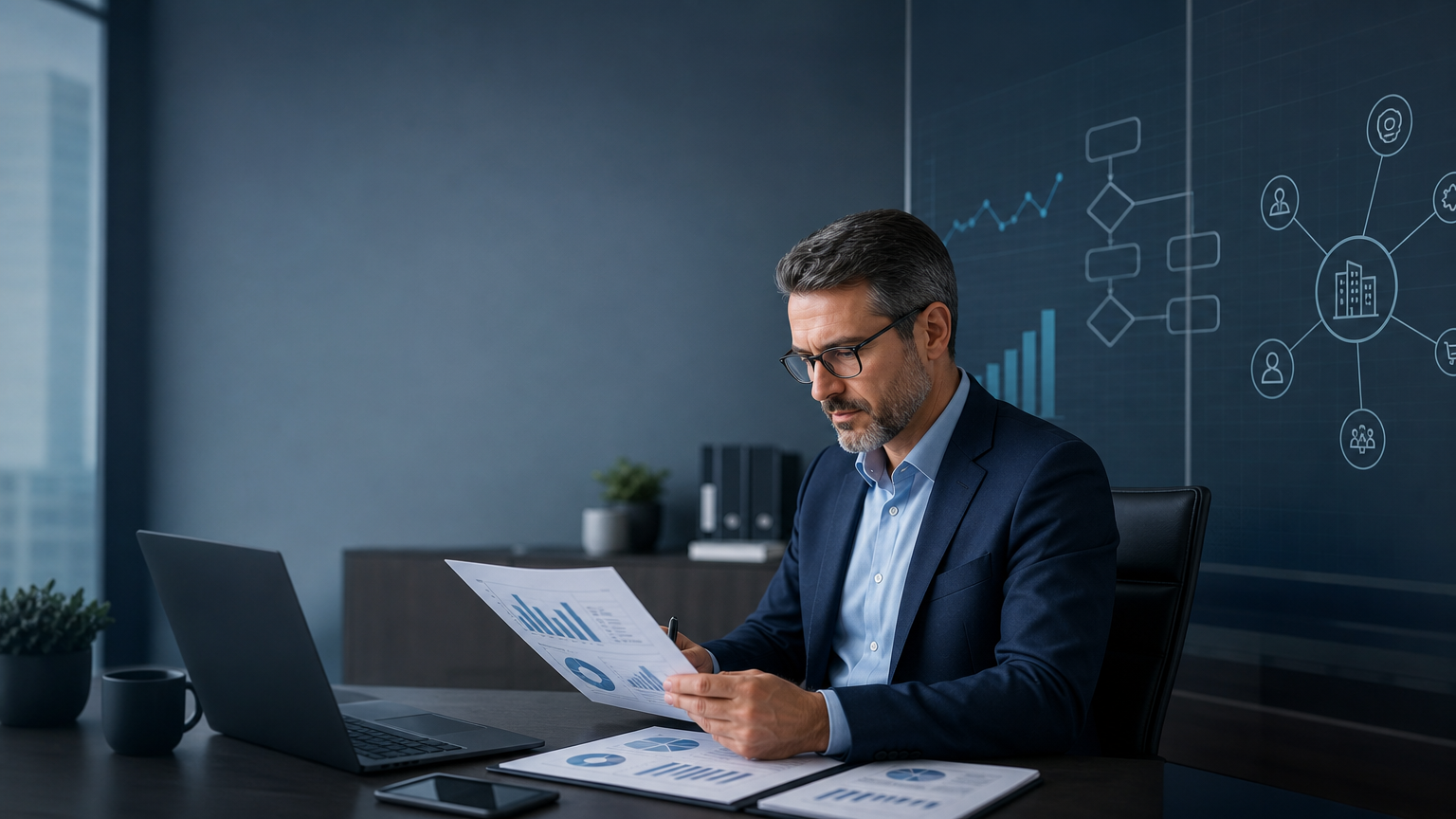 auditor analisando relatórios gerenciais da empresa