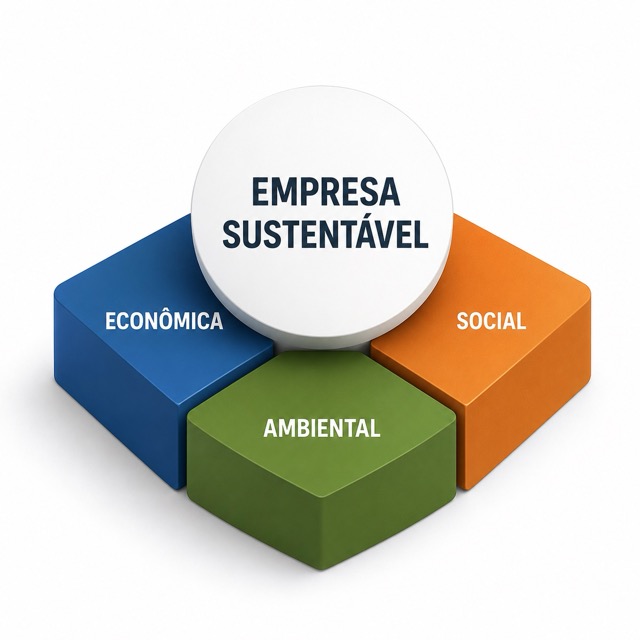 Diagrama ilustrando os três pilares da sustentabilidade empresarial: econômico, social e ambiental.